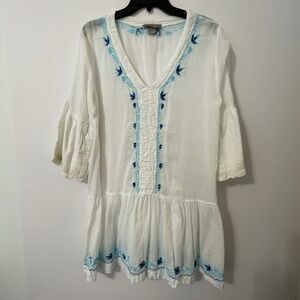 Embroidered Tunic Dress Cover Up White Blue  XL Beach Resort Boho Vacation
